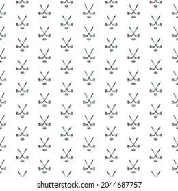 Hockey pattern on a white background. Repetitive crossed two sticks with a puck. Endless vector illustration. Clipart. Isolated sports equipment. Eps 10.