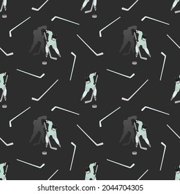 Hockey pattern with players. Dynamic movement of attack, fight for the puck. Seamless sports illustration. Strict dark gray background. Use for printing on paper, fabric, packaging, wallpaper. Eps10.