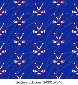 Hockey pattern. Ultra blue and red endless sports texture. Skates, sticks and pucks. Vector illustration.