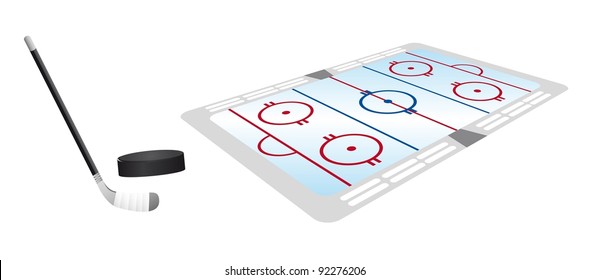 hockey pitch perspective with hockey puck and stick vector
