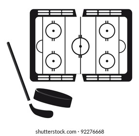 hockey pitch with hockey puck and stick silhouette. vector