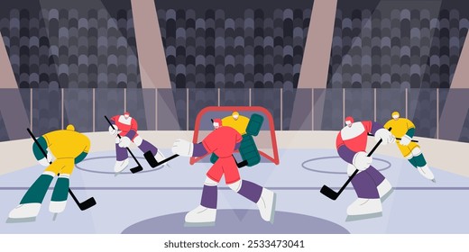 Fondo de juego de hockey. Equipo de deportes de invierno en pista de hielo. Juego de entrenamiento atleta. Portero y defensor. Competición en skate. Partido estadio. Campeonato de ligas atléticas. Vector Olímpico