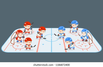 Hockey play field teams players cartoon design flat vector illustration