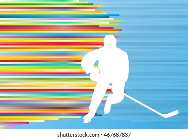 Hockey player abstract vector background illustration with colorful stripes on blue