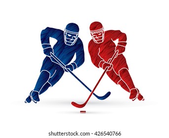 Hockey player action designed using red and blue grunge brush graphic vector