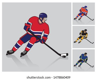 Hockey player action with four uniform colors