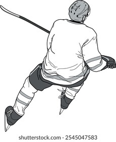 HOCKEY PLAYER back, Skater from behind, view from above, line drawing, illustration, figure