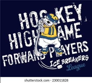 Hockey player bear cartoon.Vector artwork for kid T-shirt