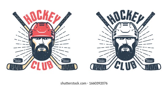 Hockey player with beard and crossed sticks - vintage sport emblem. Grunge texture on separate layer. Vector illustration.