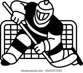 A hockey player in a black and white uniform is holding a hockey stick