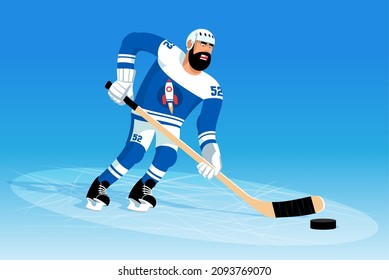 Hockey player in blue uniform during the match. Hockey player is leading puck. Vector cartoon illustration.