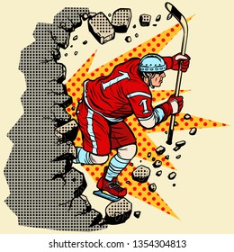 hockey player breaks a wall, winter sport. Moving forward, personal development. Pop art retro vector illustration vintage kitsch