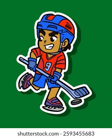 Hockey Player Cartoon Sticker Illustration