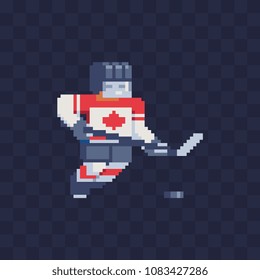 Hockey player character from Canada. Pixel art. Stickers, logo and app design. Isolated vector illustration.  