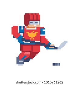 Hockeyspieler-Charakter. Pixelkunst. Stickers-Design. Einzige Vektorgrafik.  