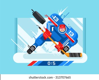 Hockey player character. Protection and stick, puck and hit, athlete and skate, game and competition, vector illustration