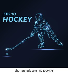 Hockey player consists of points, lines and triangles. The polygon shape in the form of a silhouette of a hockey player on a dark background. Vector illustration. Graphic concept of hockey.