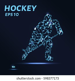 Hockey player consists of points, lines and triangles. The polygon shape in the form of a silhouette of a hockey player on a dark background. Vector illustration. Graphic concept of hockey.