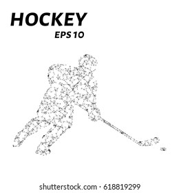 Hockey player consists of points, lines and triangles. The polygon shape in the form of a silhouette of a hockey player on a dark background. Vector illustration