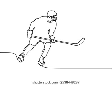 Hockey player depicted in continuous one line drawing. Sport activity concept emphasizing teamwork and action in hockey.