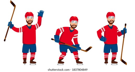 Hockey player in different poses. Male character in cartoon style.