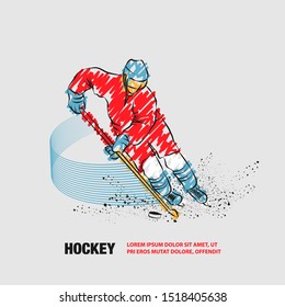 Hockey player in dynamic gliding on ice with a hockey stick and puck. Vector outline of hockey player with scribble doodles.