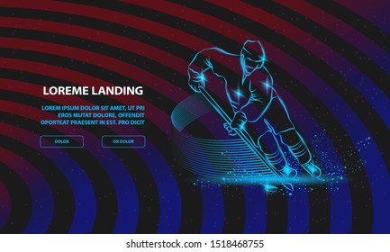 Hockey player in dynamic gliding on ice with a hockey stick and puck. Vector Sport Background for Landing Page Template.