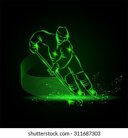 Hockey player in dynamic gliding on ice with a hockey stick and puck. Neon hockey sport background.