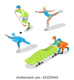 Hockey Player, Figure Skating and Bobsled. Winter Sports. Isometric vector flat 3d illustration