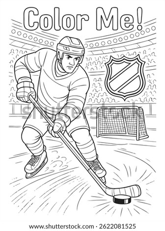 A hockey player in full gear skates toward the goal, aiming the puck with his stick in a packed NHL arena. 