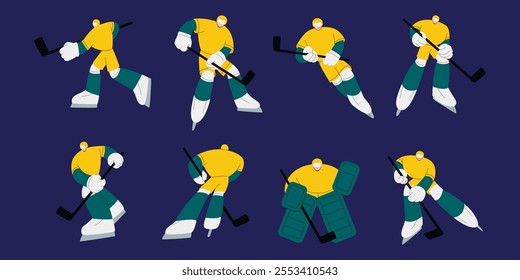 Hockey player. Game on ice. Goalie rink. Winter sport team. Goalkeeper equipment. Net gate. Gear athlete. Character in helmet. Sportsman motion. Goal puck. Vector cartoon athletic person poses set