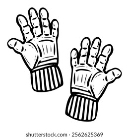 Hockey player glove hand drawn doodle illustration. Sports equipment. Hand protection when hitting with a stick. Winter game. Match. Vector line art.