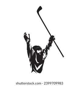 Hockey player, goal celebration, isolated vector silhouette, ink drawing. Ice hockey logo