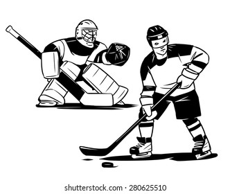 hockey player and goalkeeper. black and white ink illustration