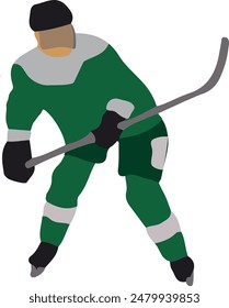 Hockey player in green uniform, vector illustration on white background