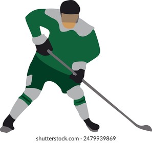 Hockey player in green uniform, vector illustration on white background