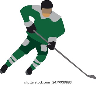 Hockey player in green uniform, vector illustration on white background