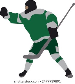 Hockey player in green uniform, vector illustration on white background