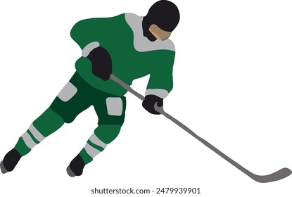 Hockey player in green uniform, vector illustration on white background