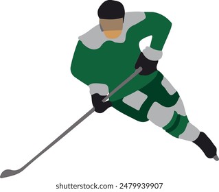 Hockey player in green uniform, vector illustration on white background