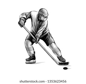 Hockey player. Hand drawn sketch. Winter sport. Vector illustration of paints