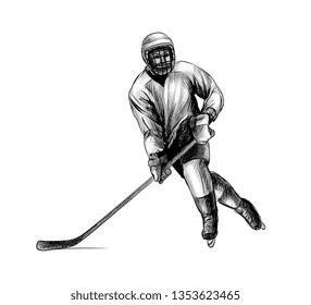 Hockey player. Hand drawn sketch. Winter sport. Vector illustration of paints