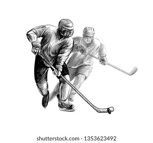 Hockey player. Hand drawn sketch. Winter sport. Vector illustration of paints