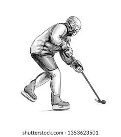 Hockey player. Hand drawn sketch. Winter sport. Vector illustration of paints