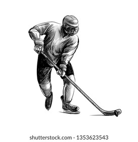 Hockey player. Hand drawn sketch. Winter sport. Vector illustration of paints