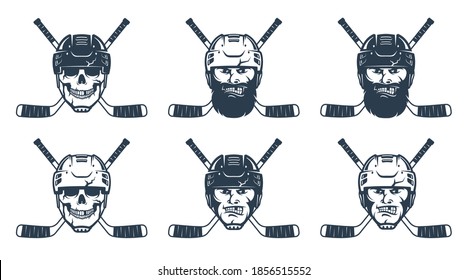 Hockey player head and crossed sticks. Hockey emblem template. Vector retro illustration.