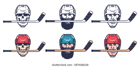 Hockey player head with stick. Skull in hockey helmet with stick. Vector illustration.