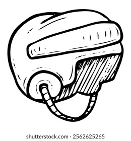 Hockey player helmet hand drawn doodle illustration. Head protection from falling and puck hitting injuries. Sports equipment. Ice game. Match. Vector line art.