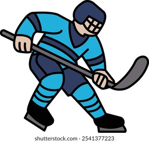 A hockey player is holding a hockey stick and is about to shoot the puck. Concept of excitement and anticipation for the game