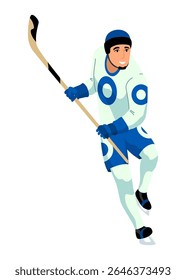 Hockey player. Ice hockey team sport, men with hockey sticks. Sportsman with helmet in cartoon flat style. Vector illustration isolated on white background